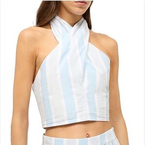 Staud Kai Striped Blue Halter Cotton Smocked top Size XL